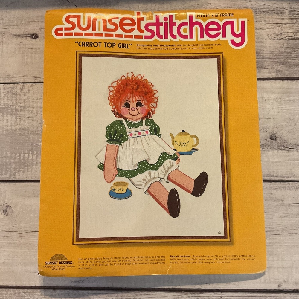Sunset‎ Stitchery Carrot Top Girl Rag Doll Crewel Embroidery Kit #2725 14 X 18"